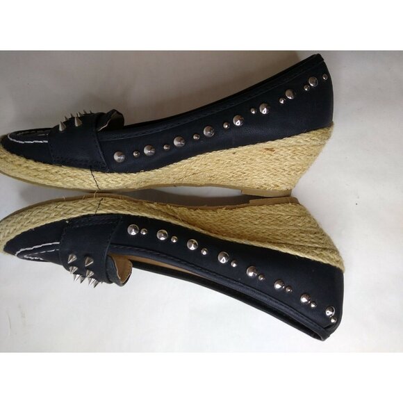Yoki Holly Womens Black Vegan Wedge Heel Espadrille Metal Spikes Slip On Shoe 7 - Picture 5 of 8